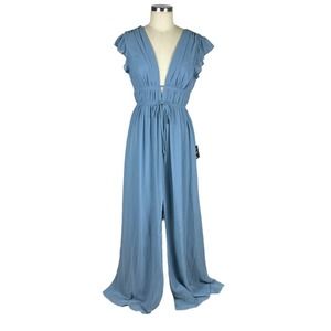 LULUS I'm All Yours Slate Blue Ruffled Maxi Gown Dress Slit Ruffles Size Medium